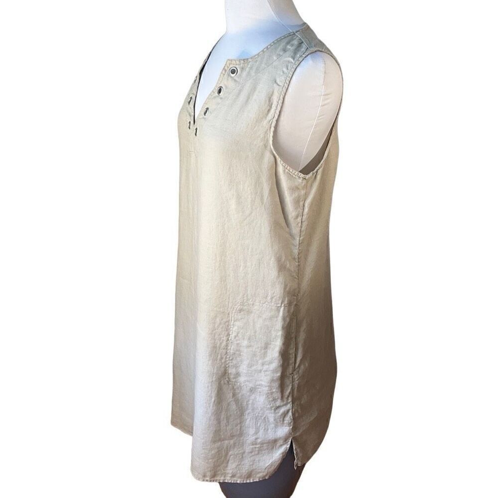 Adrianne Vittadini 100% Linen Midi Shift Dress. Decorative Grommits, M. Wheat